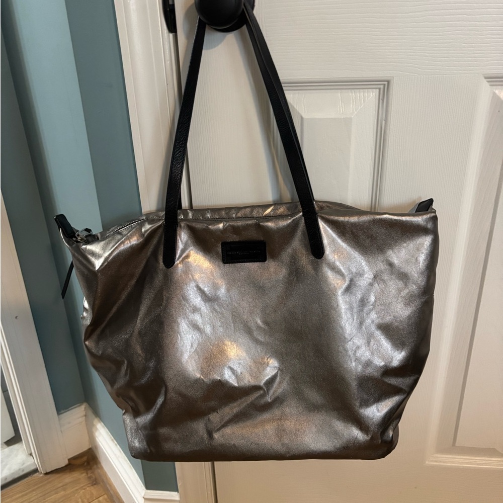 Rebecca Minkoff Metallic Silver Tote Bag with Black Straps